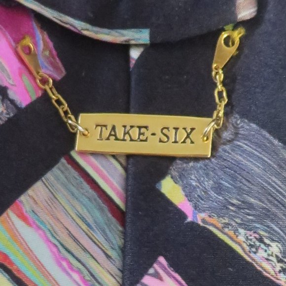 ❤️Mens TAKE 6 Designer Psychedelic Silk Gold Bar Accent Tie Necktie Pristine - Picture 8 of 8